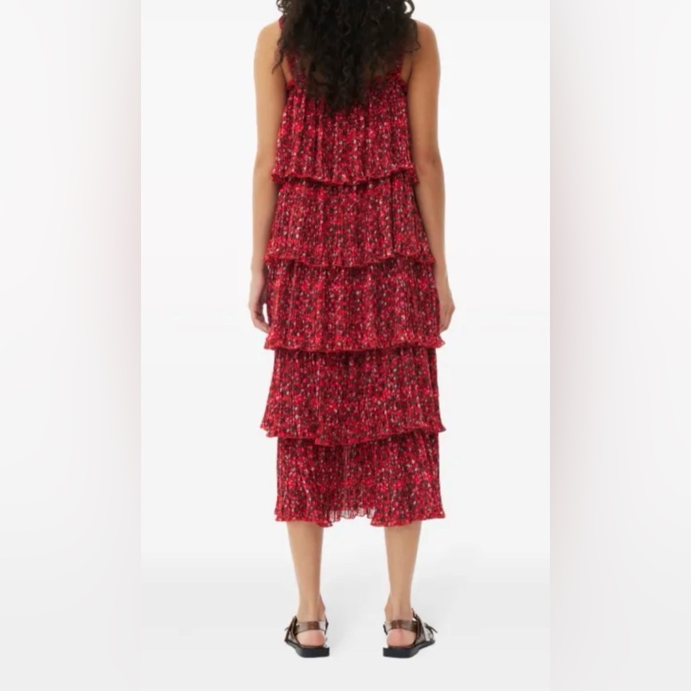 GANNI Pleated Raffled Georgette Flounce Strap, Red Floral Midi Dress Size 36 (S) - Picture 10 of 10